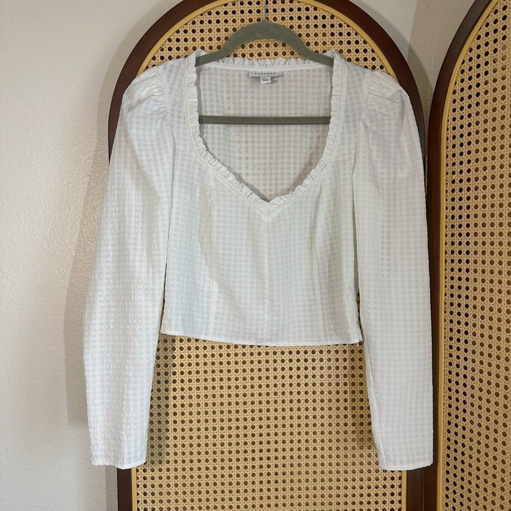 Topshop White Gingham Crop Top Long Sleeve Ruffle Sweetheart‎ Neckline Size US 4